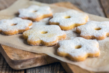 Cookies sprinkled with powdered sugar close-up.