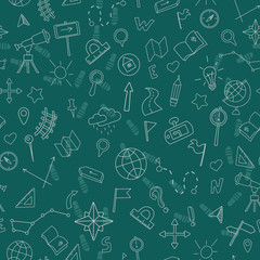 Seamless pattern with hand drawn signs on the theme of geography and travel, white contour on green background