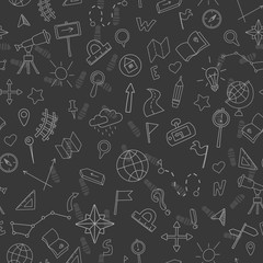 Seamless pattern with hand drawn signs on the theme of geography and travel, white contour on dark background