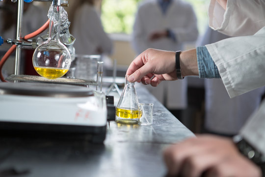Laboratory equipment for distillation. Pharmaceutical research. Erlemeyer flask, apparatus