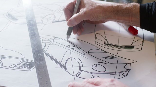 Hands drawing creative automotive design drawings
