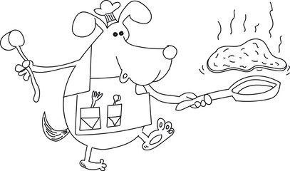 Dog chef cooks pancakes, holding a frying pan, throwing pancakes in the other hand holds the ladle, black-and-white picture on a transparent background