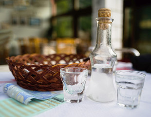 Horizontal vivid Greece raki cafe background backdrop