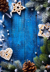 art Christmas blue wooden background with snow fir tree and Chri