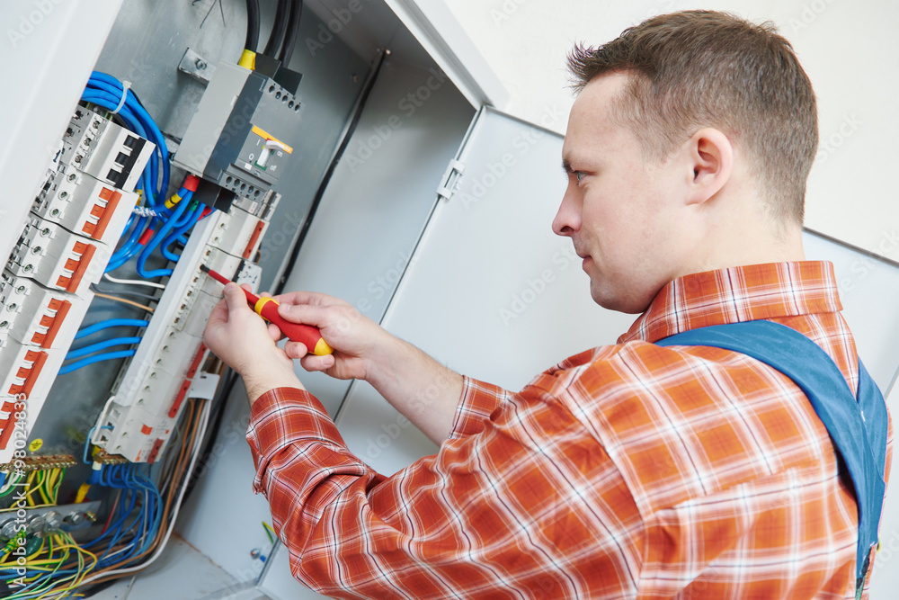 Wall mural electrician works with screwdriver in fuse box