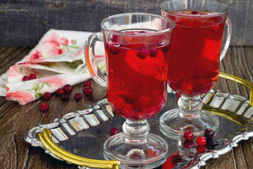 Red cranberry fruit drink two glasses on a tray.