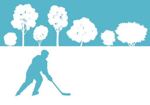 Ice hockey player in winter landscape vector background