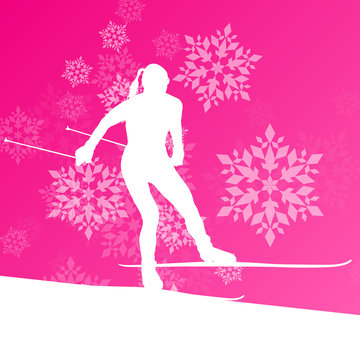 Woman skiing athlete skier skiing extreme winter background conc