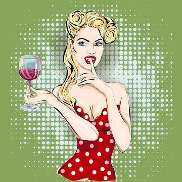 Shhh pop art woman face with finger on her lips and glass of wine