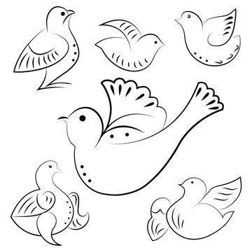 Birds emblem set. Company branding shape, sign logo. Black line doves. Vector illustration