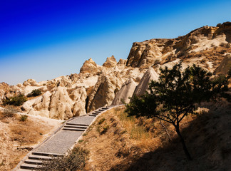 Horizontal vivid Turkey landscape stairs tree in shadow backgrou