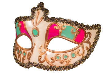 Carnival mask gold-painted curlicues decoration blue and red ins