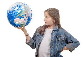little girl holding a world globe, isolated on a white backgroun