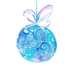 watercolor Christmas tree ball with a ribbon on a white background