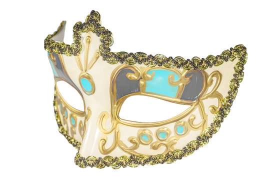 Carnival mask gold-painted curlicues decoration blue and red ins