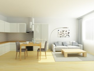 Light modern kitchen in a small flat, studio. Dinner table, light hardwood floor, complete white kitchen, gray walls