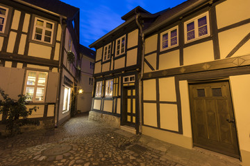 Christmas lighting on the streets of medieval town Quedlinburg, in Saxony-Anhalt in Germany.
