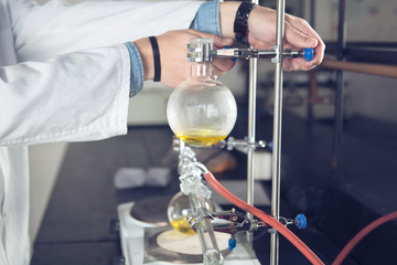 Laboratory equipment for distillation. Separating the component substances from liquid mixture with...