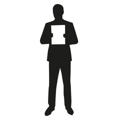 Man holding white board. vector silhouette