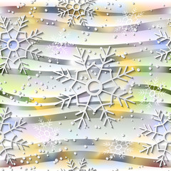 Seamless abstract 3D white snowflakes on blurred background. Vector EPS10 pattern.
