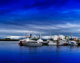 Fototapeta premium Horizontal vivid vibrant Norway ship quay landscape background b