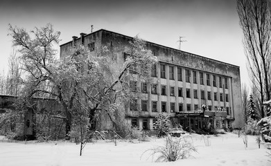 Horizontal black and white winter abandoned building background