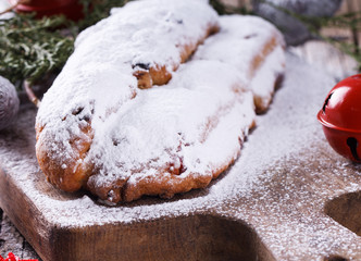Dresdner stollen is a traditional German cake with raisins.Christmas treat.selective focus