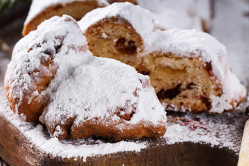 Dresdner stollen is a traditional German cake with raisins.Christmas treat.selective focus