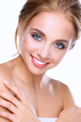 Naklejka premium Portrait of beautiful woman on white background