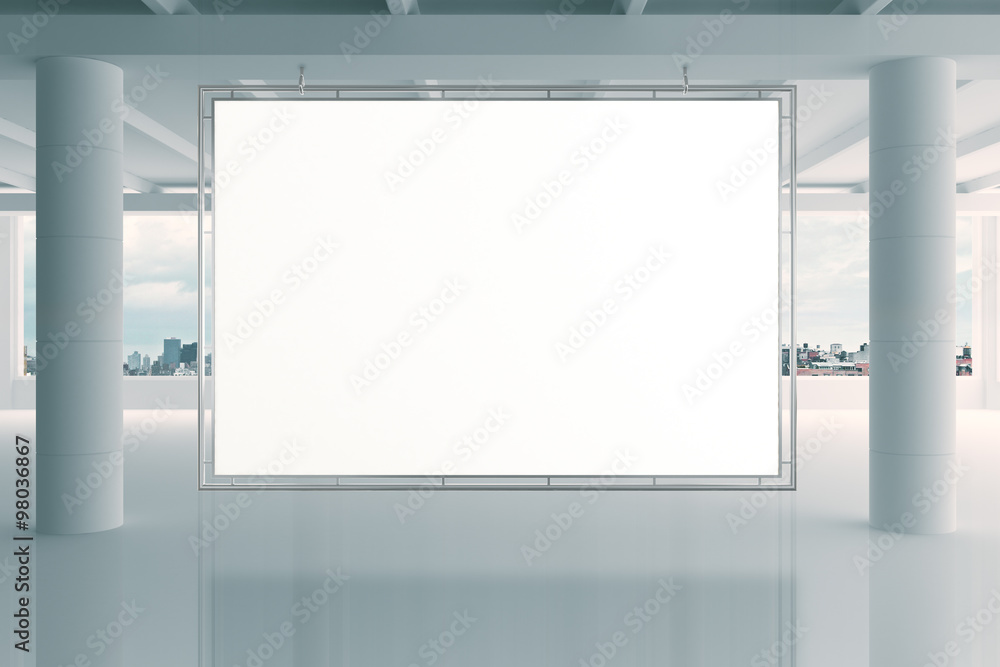 Poster blank white banner in modern empty open space office with big wi