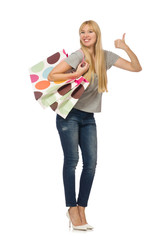 Woman with shopping bags isolated on white
