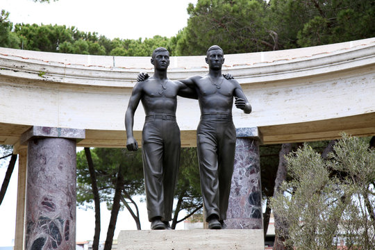 NETTUNO - April 06: Bronze statue of two brothers in arms of the