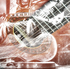 double exposure of a guitar player with an open guitar case