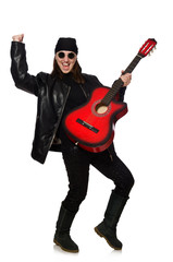 Naklejka premium Young guitar player isolated on the white