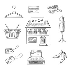 Shopping and retail sketch icons