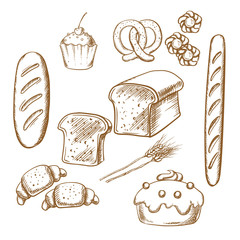 Bakery sketch icons with bread and pastry