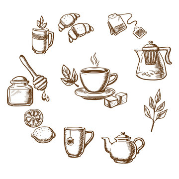 Herbal tea, dessert and bakery sketch icons