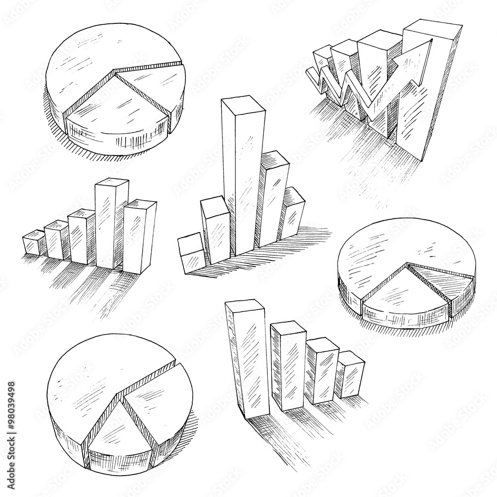Poster Business charts anf graphs with 3D sketch icons