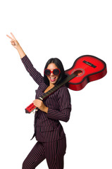 Woman guitar player isolated on white