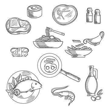 Healthy breakfast and lunch sketched icons