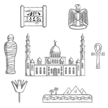 Egypt sketched travel landmarks and symbols