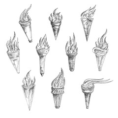 Flaming torches in retro sketch style