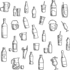 Beverages, cocktails and drinks sketched icons