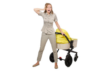 Woman with pram isolated on white