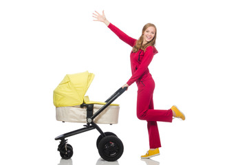 Woman with pram isolated on white