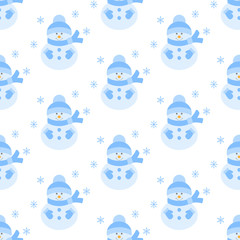 Seamless winter pattern with snowman and snowflakes.