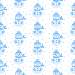 Seamless winter pattern with snowman and snowflakes.