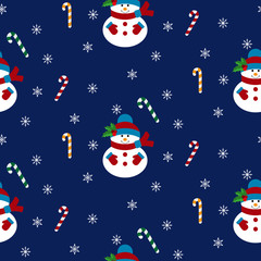 Seamless winter pattern with snowman and snowflakes.
