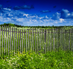 Obraz premium Square vivid summer village fence horizon cloudscape background
