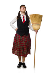 Funny girl with broom isolated on white
